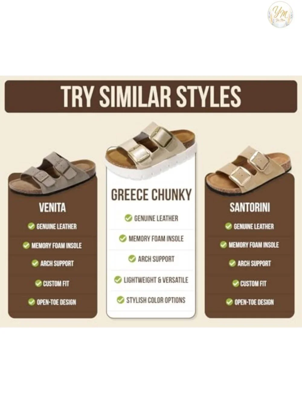 Genuine Leather Women's Platform Sandals Cork Footbed Slip-On 1.7 Inch